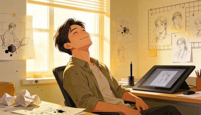 Young illustrator relaxing in sunlit studio leaning back with pen tablet and sketches