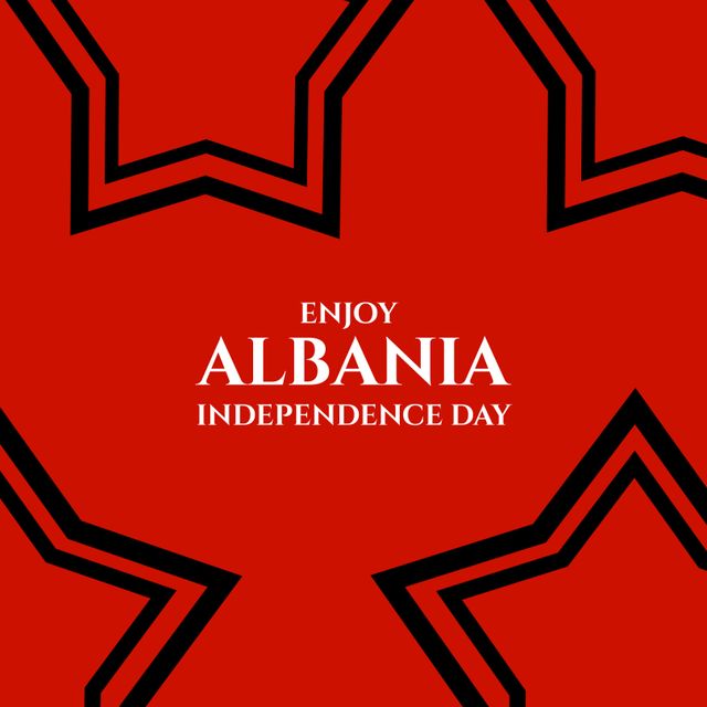 Composition of enjoy albania independence day text over stars on red background. Albania independence day and celebration concept digitally generated image.