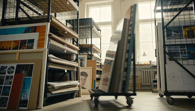 Mobile art cart rolling large framed prints through bright studio with metal shelving