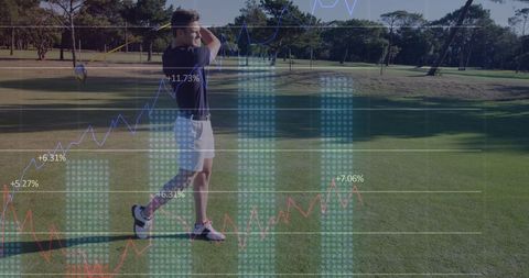 Male Golfer with Overlay of Rising Data Graphs on Golf Course
