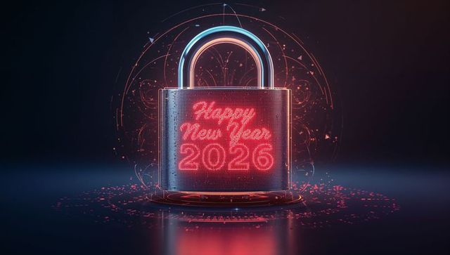 Neon padlock celebrating happy new year 2026 on futuristic holographic security pedestal
