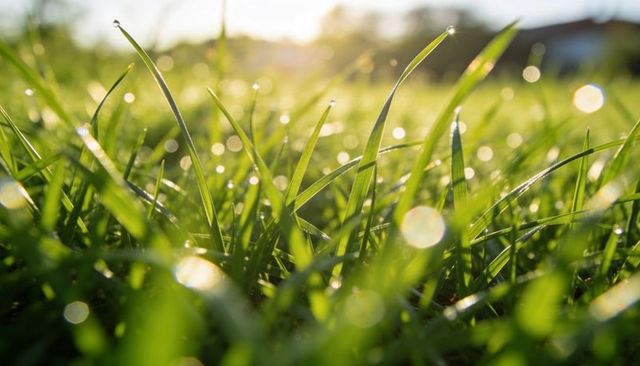Shimmering morning dew on grass blades with backlit bokeh at sunrise