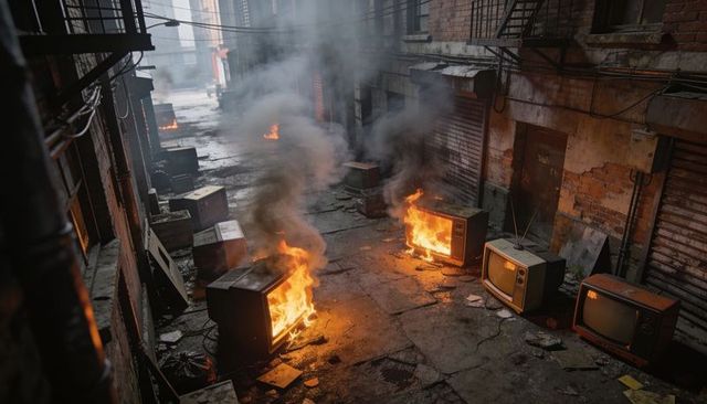 Burning vintage crt televisions in smoky urban alley conveying dystopian media decay