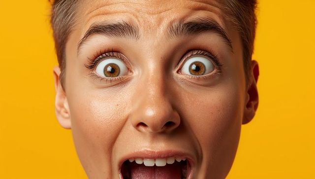 Young woman expressing shock with wide eyes and open mouth on yellow background