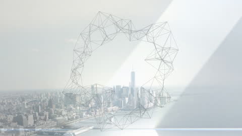 Wireframe Structure Over City Skyline Background