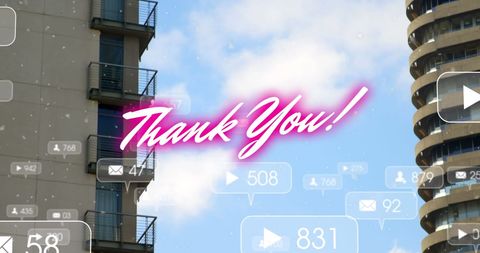 Vibrant Thank You with Social Media Icons Over Urban Skyline - Download Free Stock Images Pikwizard.com