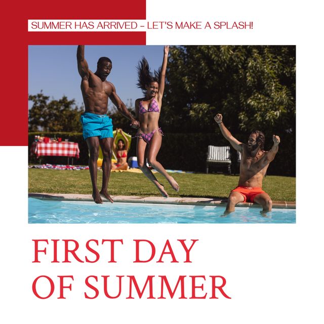 Diverse friends jumping into a pool celebrating the first day of summer. Perfect for advertisements related to swimming pools, summer activities, outdoor fun, and leisure. Ideal for marketing campaigns promoting vacation destinations, swimwear brands, and lifestyle events.