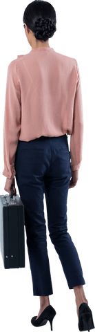 Confident businesswoman walking in office attire holding briefcase transparent