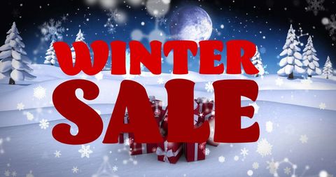 Festive winter sale banner with snowy landscape and gifts