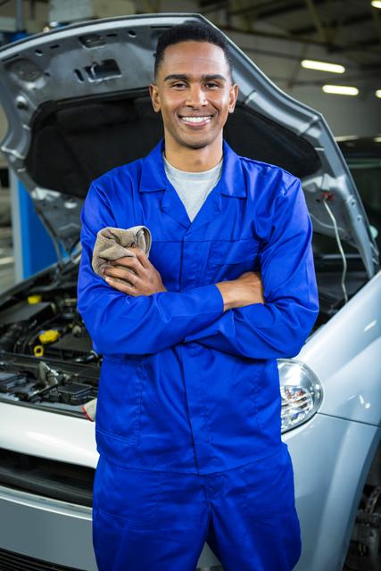 Portrait of happy mechanic standing with arms crossed at repair garage