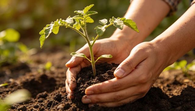 Hands Planting Young Seedling in Rich Soil Sunlit Garden Closeup for Sustainable Gardening