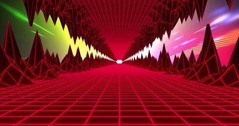Vibrant retro futuristic tunnel with grid and light trails