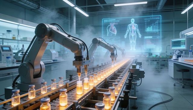 Robotic arms filling amber vials on conveyor in sterile pharmaceutical lab with holographic data