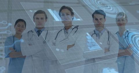 Innovative Medical Team with Holographic Technology in Hospital Hallway