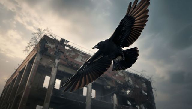 Majestic Black Crow in Abandoned Industrial Landscape