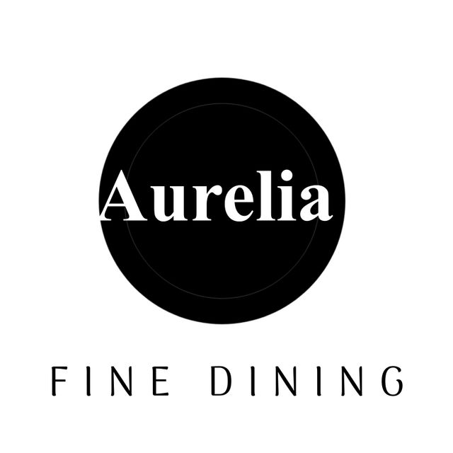 This sophisticated restaurant logo features an elegant design with the name 'Aurelia' in a refined font centered within a sleek, black circle. The words 'Fine Dining' beneath the circle emphasize the upscale nature of the establishment. Ideal for use in branding high-end food establishments, this logo exudes class and modern elegance. Perfect for stationery, menus, and marketing materials for an elegant dining experience.