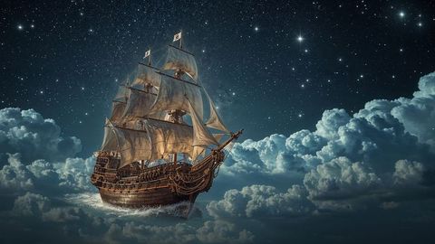 Majestic pirate ship sailing skyward over celestial clouds
