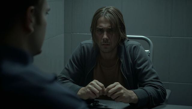 Man facing interrogation clasping hands at metal table in tiled room