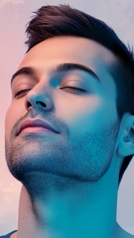 Vertical video of man tilting head up under pastel lights highlighting jawline and calm