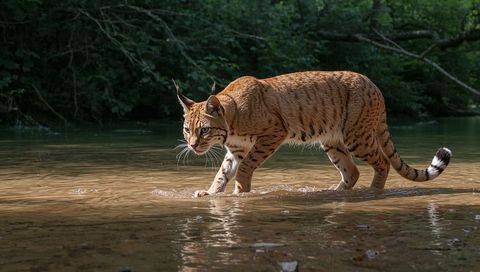 Wild felid wading through shallow woodland stream creating ripples and reflections