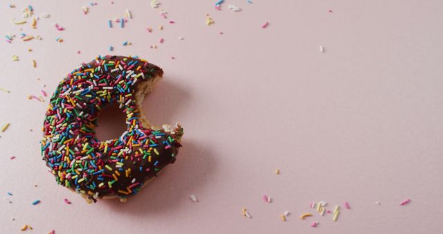 Half-eaten Chocolate Donut with Colorful Sprinkles on Pink Background - Download Free Stock Images Pikwizard.com