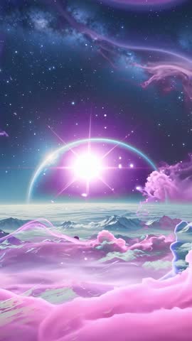 Astronaut Stepping on Alien Ridge Gazing at Star Rising Behind Planet Over Nebula