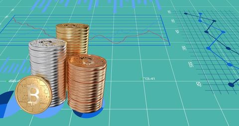 Stacks of Bitcoins on Financial Data Chart Background