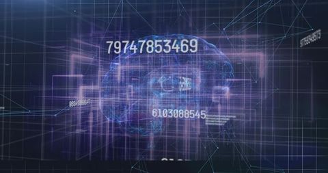 Holographic neural brain pulsing in 3d grid with numeric data and wireframe mesh