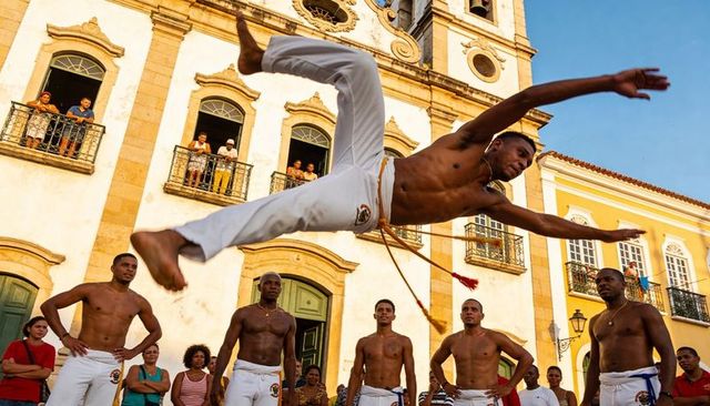 Shirtless capoeira acrobat leaping midair before colonial church during sunlit street roda
