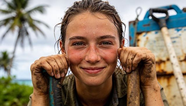Smiling young volunteer gripping muddy shovels during tropical coastal restoration work