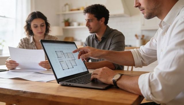 Design consultant pointing at laptop floor plan while couple reviewing printed blueprints