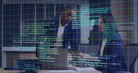 Business Professionals discussing Analytics with Digital Overlay