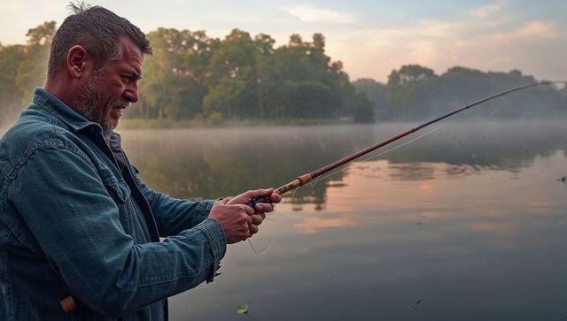 Senior angler casting at dawn on misty lake, reeling spinning rod in denim jacket