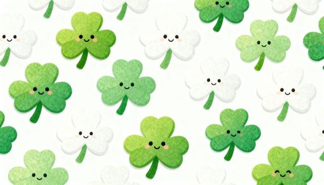 Kawaii watercolor shamrock repeat pattern featuring smiling clover motifs