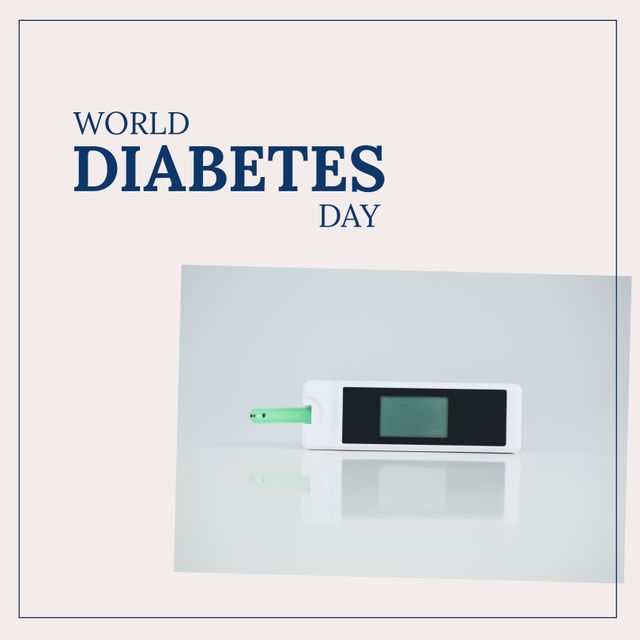 Composite of world diabetes day text and glucometer on white table, copy space. Sugar, disease, healthcare, campaign, awareness and prevention concept.