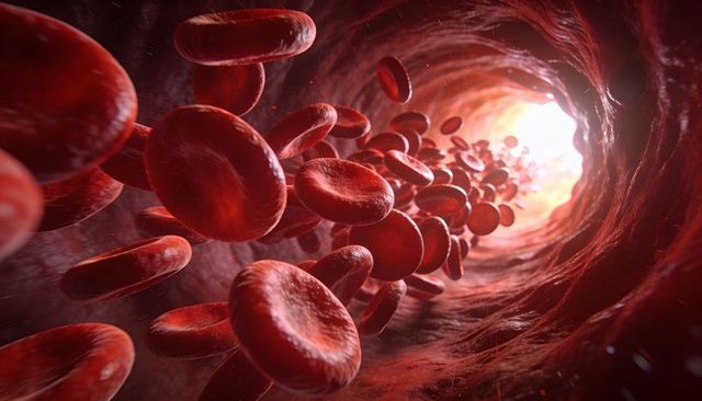 Red blood cells flowing through blood vessel toward bright lumen, medical illustration