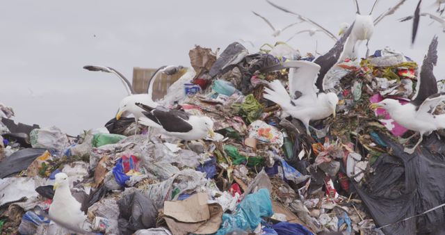 Seagulls are searching through a large mound of garbage at a landfill site. The trash pile includes various types of waste such as plastic, paper, and organic material. This scene can be used in articles or campaigns about environmental pollution, waste management practices, recycling efforts, and the impact of human activities on wildlife.
