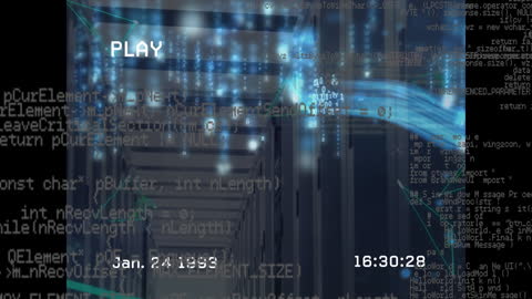 Futuristic Data Flow in Server Room with Glitch Effects