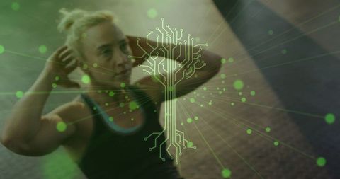 Woman exercising in gym with futuristic digital circuit overlay