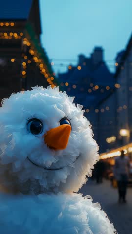 Vertical video tilting through festive market capturing snowman ornament close-up at dusk