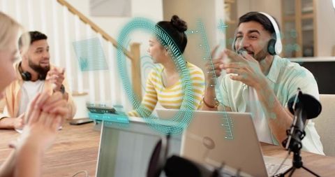 Creators recording podcast with ar hud overlay in home studio collaborative workflow