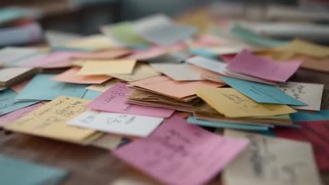 Dynamic Clutter of Multicolored Sticky Notes in Office Workspace