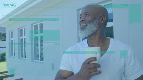 Man Enjoying Coffee with Digital Data Visualizations