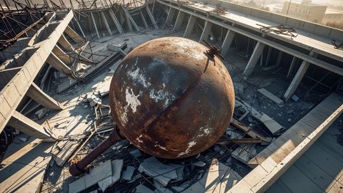 Rusty wrecking ball on derelict rooftop amidst urban decay