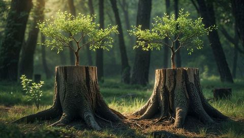 Saplings Growing on Tree Stumps in Forest Clearing