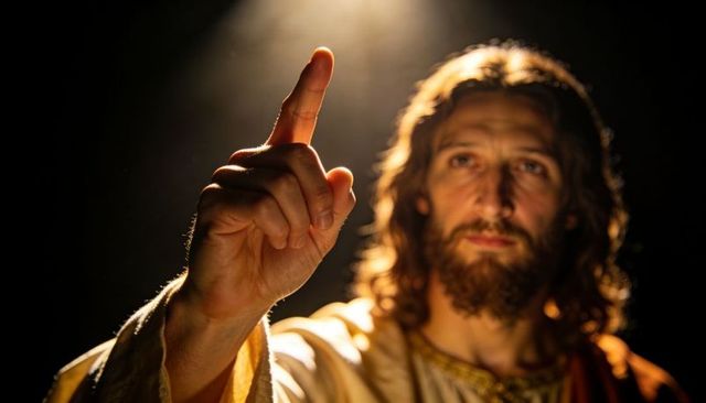 Dramatic religious figure pointing upward in spotlight, chiaroscuro portrait with finger