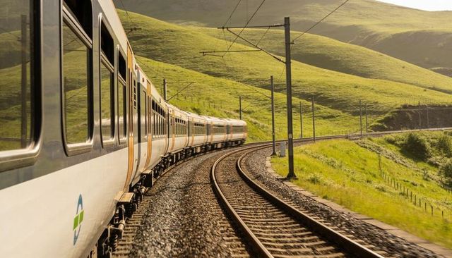 Curving white passenger train traveling through lush green hills on electrified railway