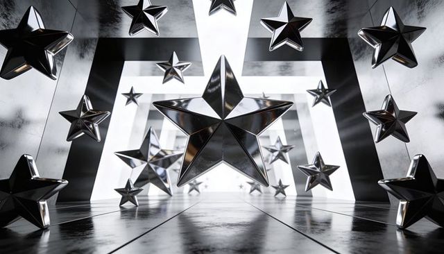 Floating chrome stars in futuristic mirrored corridor, reflective five-pointed centerpiece
