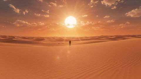 Solitary Adventurer in Golden Desert at Suns. Desc.