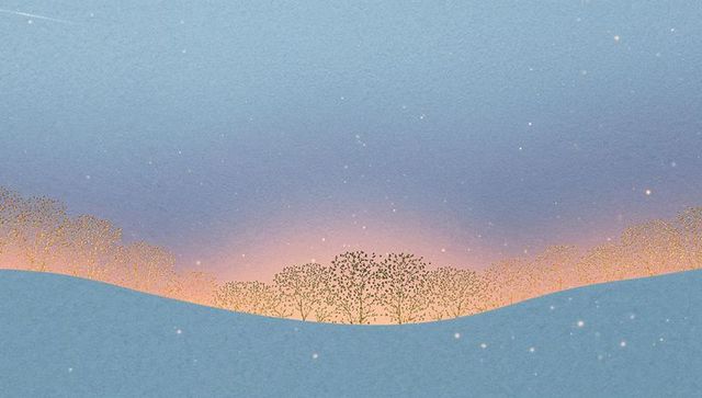 Twilight snow hills with golden treeline glowing against pastel gradient sky